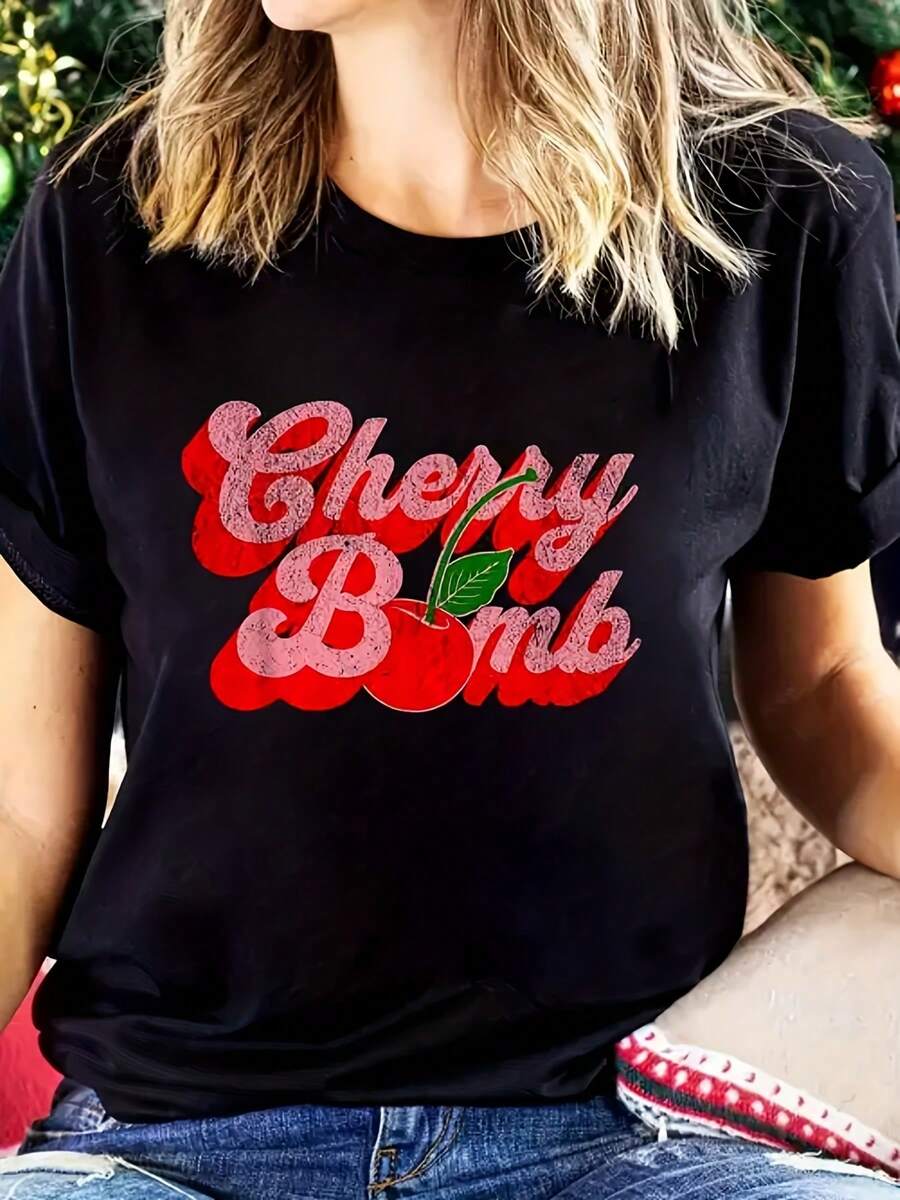 Women's Retro 70s Cherry Bomb Pattern T-Shirt - Retro Style Short-Sleeved Casual Top, Black T-Shirt, Red Cherry Print, Round Neck, Ladies' Summer Must-Have, Cherry T T-Shirt - Black - View 1
