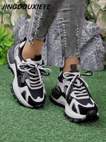 Zapatillas deportivas de suela gruesa y bloque de color para mujer, nuevos lanzamientos de 2025 para todas las estaciones, con cordones de dos colores, que estilizan la cintura, con suela blanda y versátil, cómodas y de moda para uso casual, adecuadas para Año Nuevo, Navidad y Halloween - Negro - Ver 6