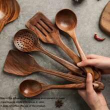 SHEIN X Heather Rae 5 Pieces Wooden Kitchen Utensil Set, Wooden Spoon For Cooking, Wooden Cooking Utensils, Natural Teak Wooden Spoon For Nonstick Pans