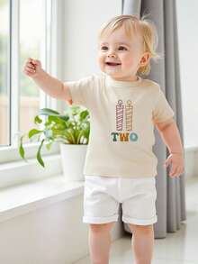 Camiseta infantil de manga corta con cuello redondo y letras con estampado de velas, ropa de verano para cumpleaños de niñas y niños. - Albaricoque - Ver 3