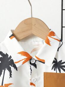 Baby Boys' Cute Collar Shirt With Pocket, Coconut Tree Print Button-Up Shirt Top Paired With Solid Color Shorts, 2pcs Casual Beach Style Outfit For Toddler Boys, Suitable For Spring/Summer Daily, Travel And Outdoor Play - Brown - View 5
