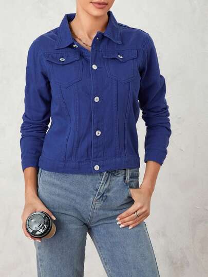 Womens Solid Color Denim Jacket, Casual Long Sleeve Button Down Chest Pocket Jean Jacket