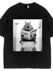 Unisex 100% Cotton Capybara Newspaper Humor Streetwear T-Shirt Launch Shipping Today Plus Size - 黑色 - 查看 1