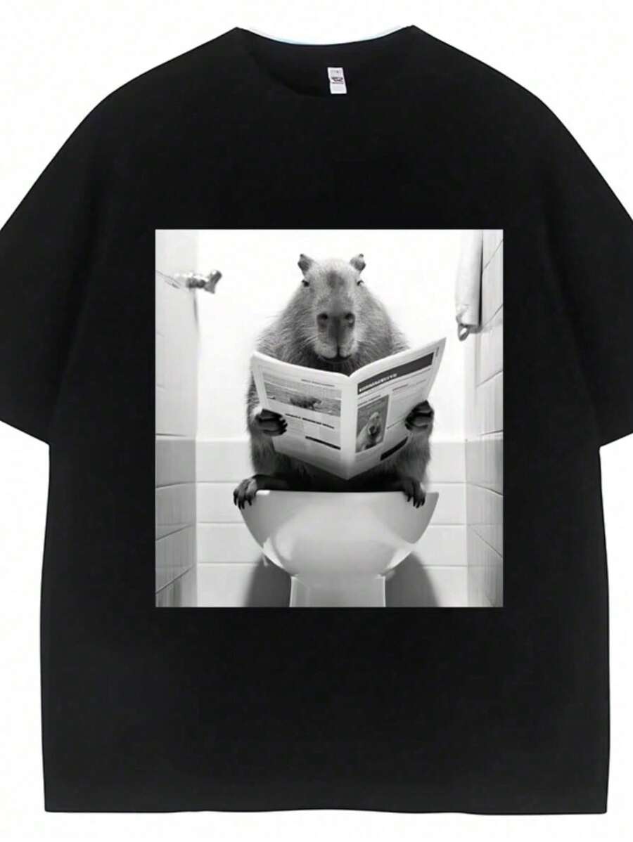 Unisex 100% Cotton Capybara Newspaper Humor Streetwear T-Shirt Launch Shipping Today Plus Size - 黑色 - 查看 1