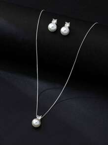 3pcs/Set Minimalist Faux Pearl Pearl & Zirconia Stone Stud Earrings, Necklace Suit, Elegant For Engagement, Party, Everyday Wear, Mother's Day Gift Ide