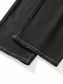 Calça Denim Masculina Sólida, Reta, Larga e Solta, Preta com Costura Aparente, Calça Casual Versátil, Estilo Streetwear Y2K, Presente Adequado para Marido/Namorado, Grunge