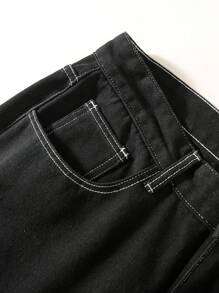 Calça Denim Masculina Sólida, Reta, Larga e Solta, Preta com Costura Aparente, Calça Casual Versátil, Estilo Streetwear Y2K, Presente Adequado para Marido/Namorado, Grunge