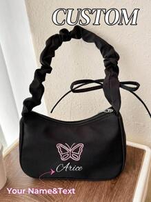 Perfect Gift For Mom'S Birthday, Anniversary Or Mother'S Day.A Simple And Fashionable Girl'S Shoulder Underarm Bag, Crescent Bag, Pleated Hand-Held Butterfly Embroidery Print Lightweight Large Capacity Zipper Closed Shoulder Bag, Customized Personalized Name Or Holiday Message. - Shoulder Bag - View 1