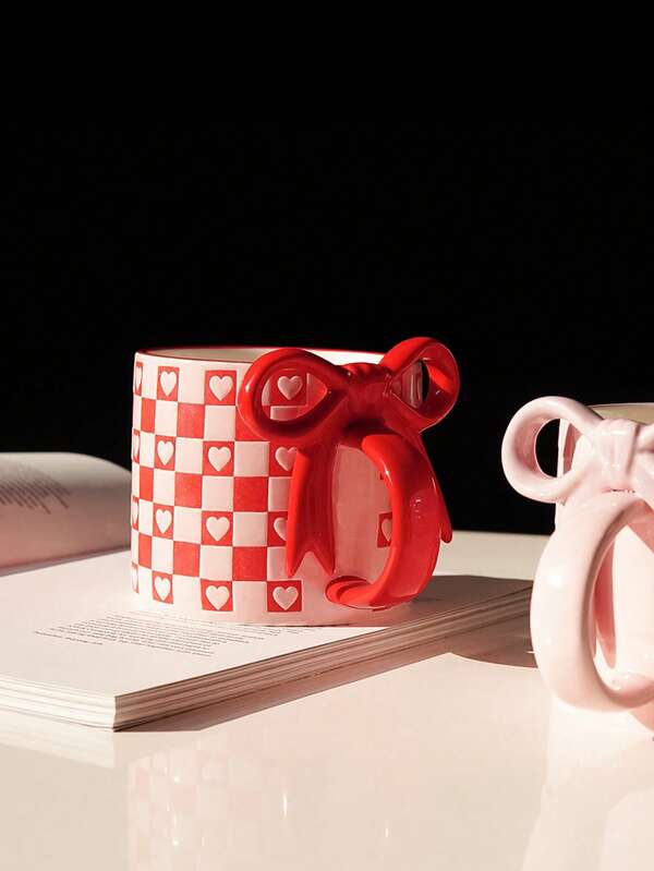 Joivida 1pc 11.6oz Ceramic Mug With Bow Handle & Heart, Matte Embossed Heart Design, Checkered Pattern Coffee Cup, Suitable For Home Decor, Daily Water Drinking, Breakfast Milk Cup, Afternoon Tea Cup, Latte Art Cup In Cafe, Gifts, Couples Cup Back To School