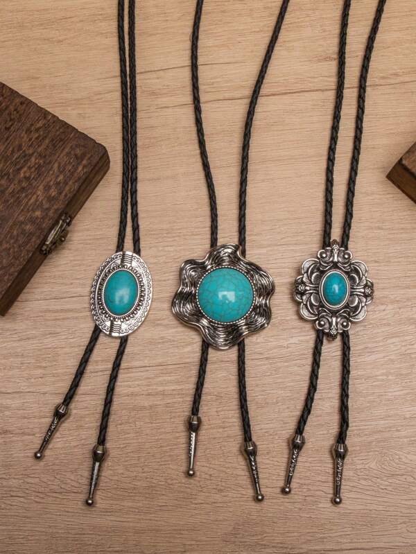 3pcs Western Style Fashionable Bolo Tie String Turquoise Long Pendant Necklace, Suitable For Daily Wear, Gifts, And Vacations