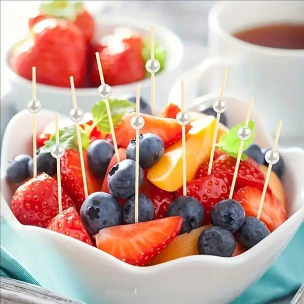100pcs Disposable White Pearl Cocktail Bamboo Skewers, Fruit Cake Decoration Bamboo Toothpicks, Long Cocktail Disco Theme Party Supplies, Artistic Fruit Forks For Party And Wedding Desserts