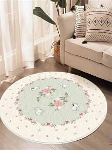 1pc Tapete de área redondo de lã sintética macia, tapete decorativo com design de coelho e flor, resistente a manchas e fácil de cuidar, quarto, decoração de casa, decoração de festival