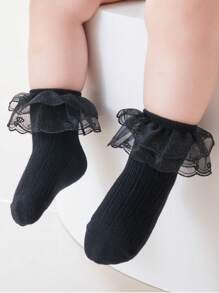 1 Pair Girls Lace Hollow Out Breathable Ruffle Socks, Suitable For Infant Girls And Baby Dress Up