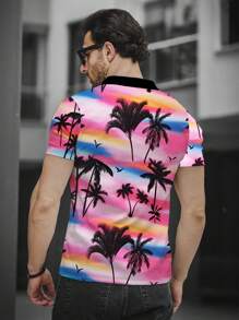 1pc Plus Size Men's Polo Collar Shirt, Casual Golf Sports Tie Collar Shirt With Coconut Tree Print, Short Sleeve, Knitted Fabric, Slightly Stretchy, Regular Fit, Suitable For Beach Vacation, Everyday Outdoor