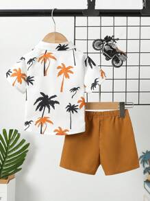 Baby Boys' Cute Collar Shirt With Pocket, Coconut Tree Print Button-Up Shirt Top Paired With Solid Color Shorts, 2pcs Casual Beach Style Outfit For Toddler Boys, Suitable For Spring/Summer Daily, Travel And Outdoor Play - Brown - View 3