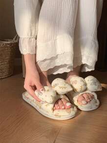 XIXITIAO Śliczne lniane kapcie z kokardką, domowe, miękkie, płaskie kapcie w stylu wróżki, oddychające lniane kapcie do domu/łazienki, klasyczne płaskie klapki z blokami kolorów dla kobiet, całoroczne - Morelowy, słodki szczeniak urodzinowy - Zobacz 9