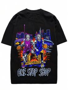 Camiseta Gráfica Retro de Baloncesto Universe Crossing, Algodón Grueso, Estilo Hip Hop, Cuello Redondo, Camiseta Casual de Verano con Estampado "ONE STOP SHOP", Negra, Lavable a Máquina, Ropa Hip Hop | Top Casual Vibrante | Tejido Transpirable - Negro - Ver 1