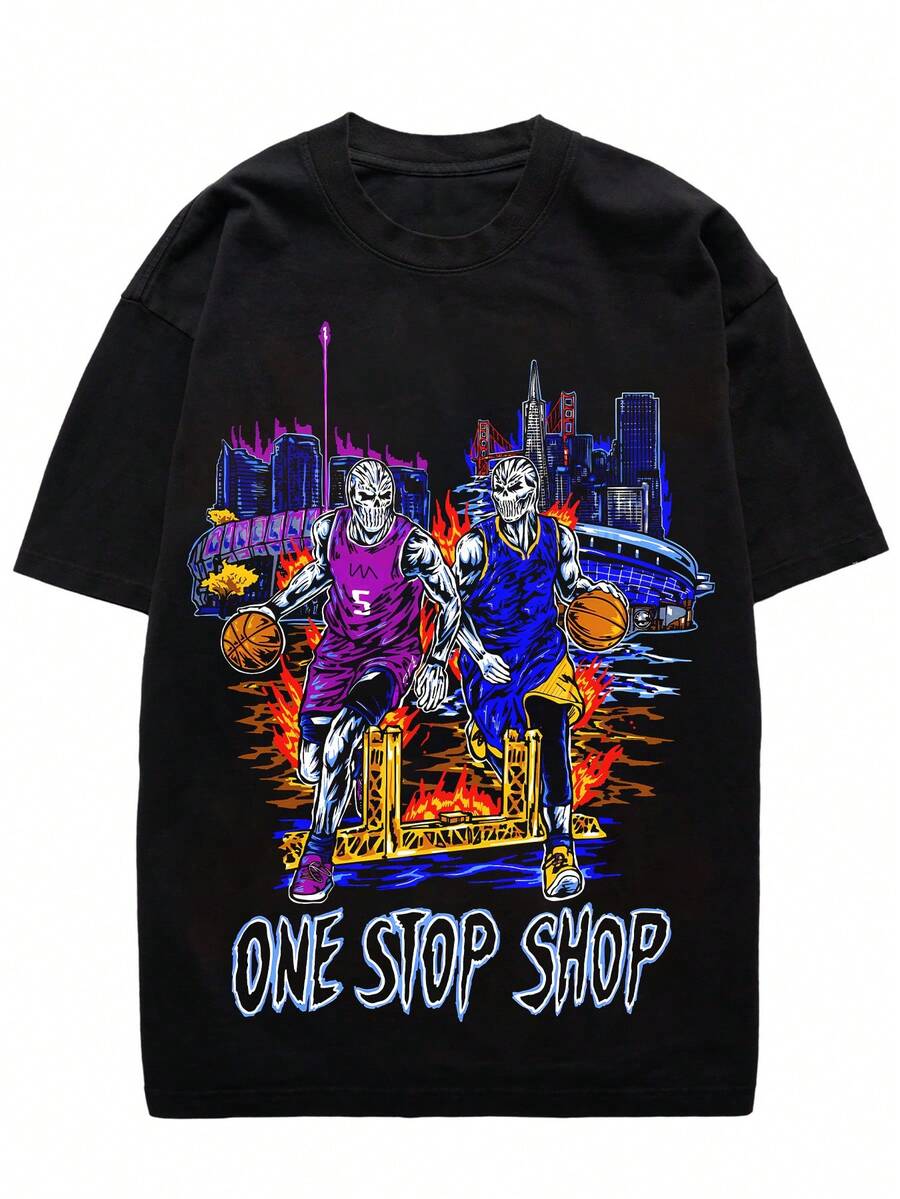 Camiseta Gráfica Retro de Baloncesto Universe Crossing, Algodón Grueso, Estilo Hip Hop, Cuello Redondo, Camiseta Casual de Verano con Estampado "ONE STOP SHOP", Negra, Lavable a Máquina, Ropa Hip Hop | Top Casual Vibrante | Tejido Transpirable - Negro - Ver 1