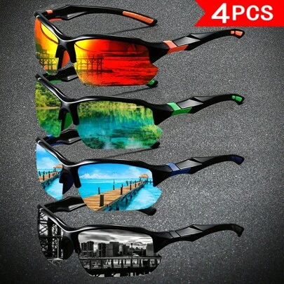 Bộ 4 kính thể thao thời trang nam dành cho leo núi, tập thể dục, chạy bộ, lái xe, tròng kính TAC độ nét cao, sử dụng hàng ngày, nhiều màu sắc để lựa chọn cho kỳ nghỉ hè ở bãi biển, hoạt động ngoài trời, du lịch.