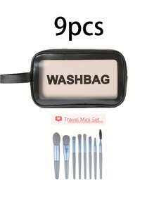 1 pièce set de 15 pièces : 1 pièce trousse de maquillage transparente incluant : 1 pièce sac de maquillage, 8 mini pinceaux de maquillage de voyage, 1 pièce bandeau, 3 éponges de maquillage, un kit de maquillage de voyage portable comprenant : palette d'ombres à paupières, pinceaux de maquillage, ombre à paupières liquide, poudre, eyeliner, rouge à lèvres, brillant à lèvres, pinceau à lèvres, pinceau à ombre à paupières, pinceau à poudre, pinceau de fond de teint, gel capillaire, faux cils, colle pour cils et plus