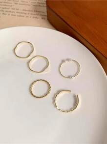 Nooxian 5 件简约可调节镀金仿珍珠波浪指节戒指套装女士 - 金黃色 - 查看 4