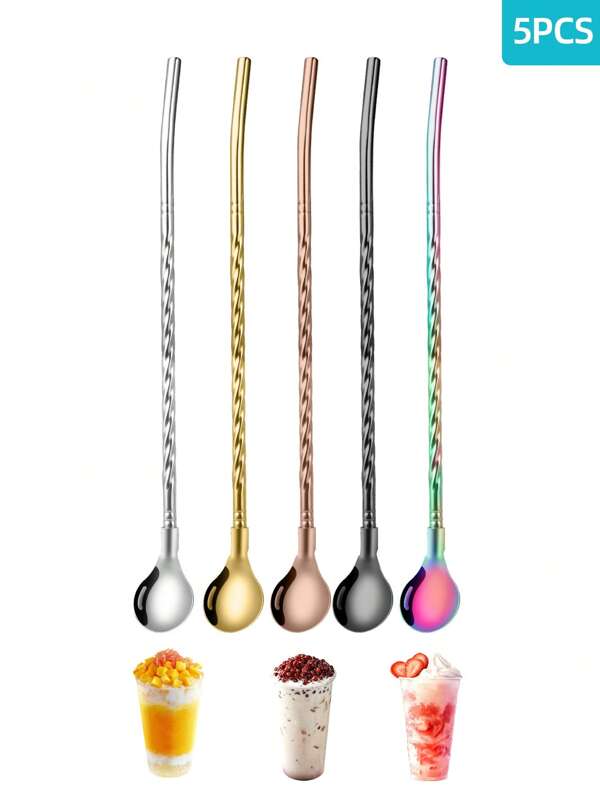 5 pièces Set de cuillères-pailles en acier inoxydable multicolore multifonctionnel, set de cuillères-pailles au design spiral minimaliste, pailles et brasseurs en métal réutilisables, parfaits pour les milkshakes, le thé au lait, le café et d'autres boissons, idéal pour la cuisine, le bar, le buffet, les fournitures scolaires