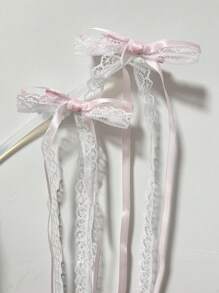 2pcs Lace Bow Hair Clips, Ribbon Tie Barrettes For Braids, Cute Kawaii Streamers For Pigtails, Korean Hair Accessories Valentines Claw Clips, School Stuff, Elegant, College, Winter Outfit For Women, Bows