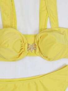 Sexy Metallic Jewelry Solid Color Bikini Women Swimsuit Set For Summer Beach Vacation 2pcs/Set Plus Size Solid Color Star Decor Sexy Halter Bikini Set, Beach & Pool Swimwear,Metal Starfish Decor,Removable Swimwear Pads,Summer Vacation Dresses For Women,Summer Clothes Women,Festival,Skirts,Ibiza Outfits,Swimwear Women,Bikini Set,Swimming Costume Women,Beach Wear Women,Holiday Co Ord,Beach Dress,Bikinis For Women Sets,Swimsuit - Yellow - View 5