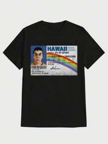 Mclovin Movie Mclovin Driver's License Print Short Sleeve  Casual Digital Print  Pure Heavy Cotton T Shirt For Men's - 黑色 - 查看 1
