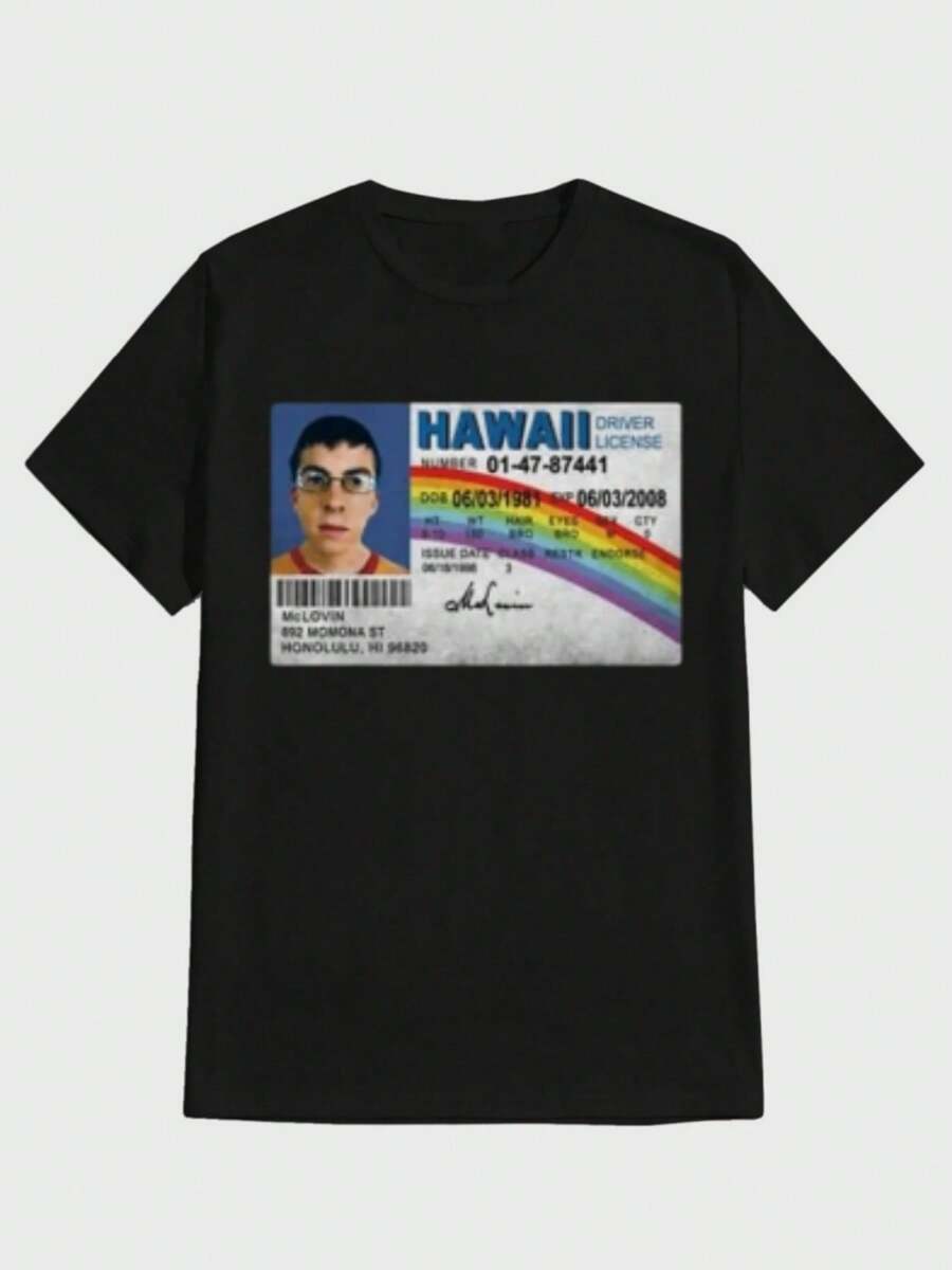 Mclovin Movie Mclovin Driver's License Print Short Sleeve  Casual Digital Print  Pure Heavy Cotton T Shirt For Men's - 黑色 - 查看 1