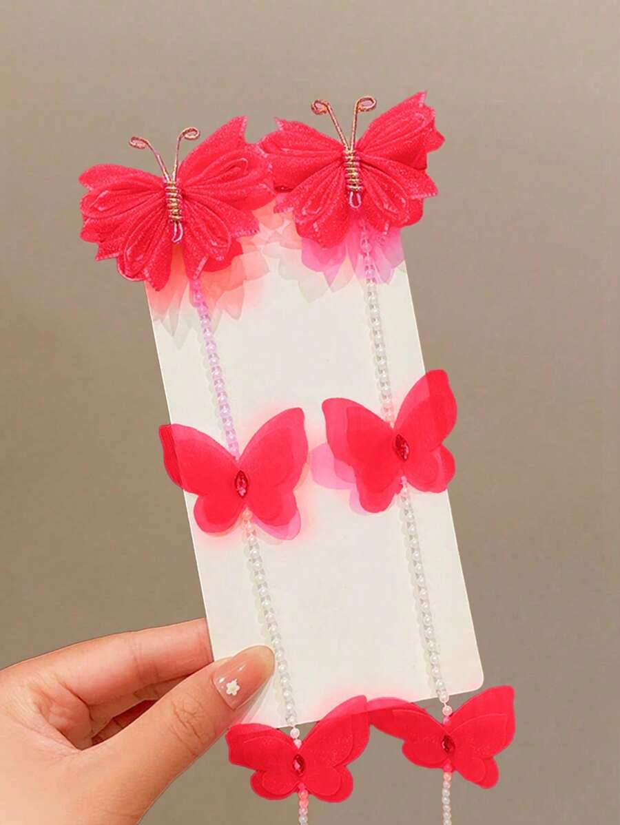 2件套 女孩红色蝴蝶结珍珠公主可爱复古流苏发夹，发饰 - 紅色 - 查看 1