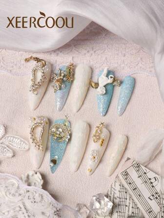 10pcs Press On Nails Long Nail Blue Angel Long Pointed Baroque Style Wing Explosive Flash Heavy Industry Water Droplet Shape Pure Handmade Production Nails Long Nails Press On Nails Set Includes 1sheet Adhesive Tabs &1 Pc Mini File