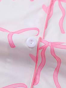 Marira 2pcs/Set Bow Print Casual Wear Pajama Set For Women, Includes Comfortable Short Sleeve Button Collar Shirt And Loose Elastic Shorts, Suitable For Outdoor & Home, All Seasons - White - View 7