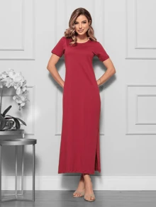 Casual Long Dress 100% Cotton Side Slit - 酒紅色 - 查看 1
