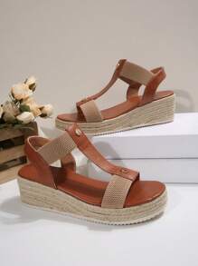 女士亚麻绳凉鞋，露趾坡跟凉鞋，波西米亚风格新设计，松紧带，减少脚部摩擦