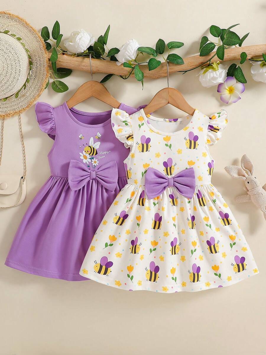 2pcs/Set Baby Girls' Cute Round Neck Sleeveless Bow Decor Cartoon Bee Print A-Line Dress, Suitable For Everyday Outings, Spring/Summer