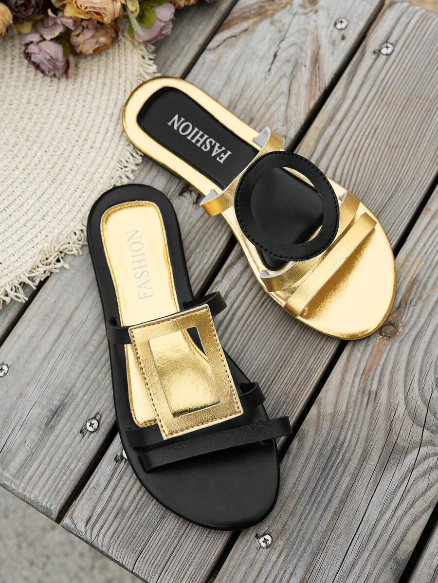 New Arrival Women's Sandals, Flat Round Toe Strap Design, Dopamine Color Scheme, High-End Geometric Pattern, Slip-On, Lightweight & Comfortable, Mix-And-Match , Suitable For Home, Spring/Summer Outdoor, Casual Country Vacation, Street Fashion Beach Slippers - Black Gold - View 1
