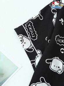 Set de pijama de 2 piezas con parte superior de manga corta con cuello y bolsillo con botón, y pantalón corto de lazo con estampado de Pochacco de Sanrio, ropa de estar en casa informal para mujer, primavera/verano