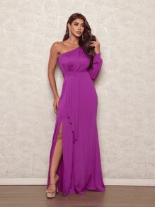 Vestido Longo Festa Madrinha Formatura Casamento Manga Longa Fenda Elegante Drapeado - Fúcsia - Visão 2