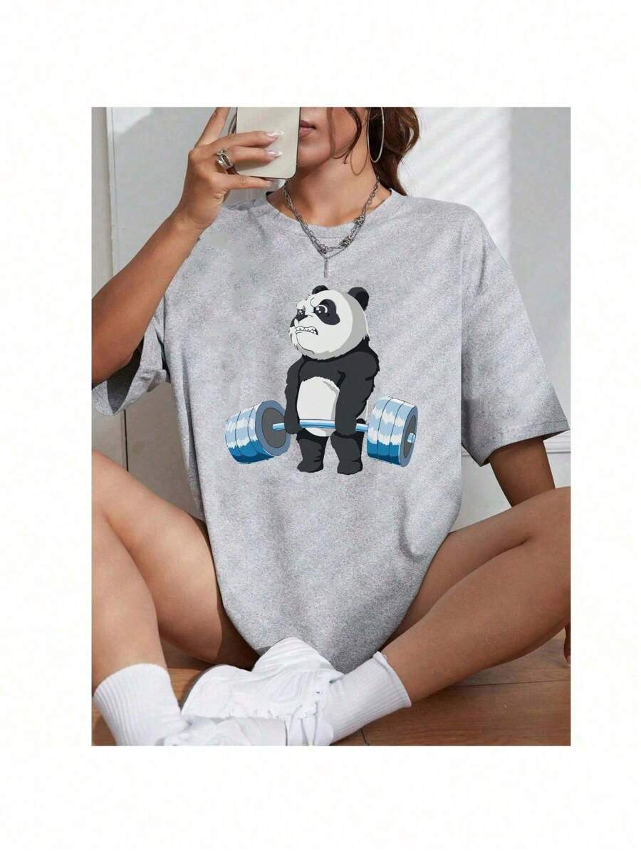 Women's T-Shirt Blouse T  Fashion Cotton Plus Size Kids Panda Bodybuilding Gym Workout Casual - 灰色 - 查看 1