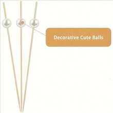 100pcs Disposable White Pearl Cocktail Bamboo Skewers, Fruit Cake Decoration Bamboo Toothpicks, Long Cocktail Disco Theme Party Supplies, Artistic Fruit Forks For Party And Wedding Desserts
