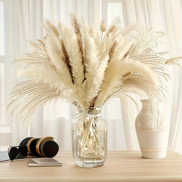 48/65pcs Elegant Artificial Pampas Grass And Bunny Tail Flower Bouquet - Durable Rattan, Rustic Charm, Suitable For DIY Wedding, Christmas, Valentine's Day Table Decoration | Suitable For All Seasons, No Pest, Versatile Floral Decor,Fall Decor,Autumn