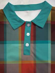 1pc Plus Size Men's Summer Plaid Splice Polo Shirt, Casual Fashion Short Sleeve Tee, Breathable With Collar, Gift Choice