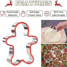 5pcs Stainless Steel Christmas Cookie Cutter Set - Gingerbread Man, Snowflake, Santa Face, Christmas Tree And Reindeer Shapes With Soft PVC Edges