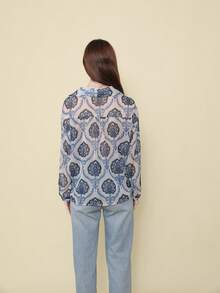 Camicia da donna con bottoni frontali, maniche lunghe, semplice e casual, alla moda, con stampa a linee metalliche versatile - Blu - Visualizzare 5