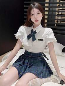 Y2K Preppy Style Women's JK Shirt Short Sleeve Chic Blouse Top+A-Line Pleated Plaid Mini Skirt Two Pieces Set Graduation Skirts Suit 4th Of July Outfits 4th Of July Clothes 4th Of July Women - Multicolor - View 7