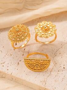 Herseygold 1pc Gold-Plated Copper Adjustable Size Ring With Floral & Crescent Moon Design, Fashion Jewelry For Women, Wedding & Festival