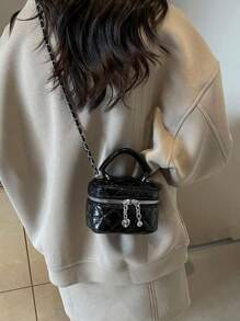 1pc Women Mini Handbag, Fashion Solid Color Embroidery Diamond Grid Shoulder Bag Suitable For Card Case & Keys - Black - View 2