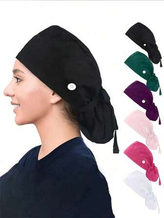 1 件可调节工作帽，带纽扣马尾辫，工作帽防汗带，弹性绷带系带帽子 1 件