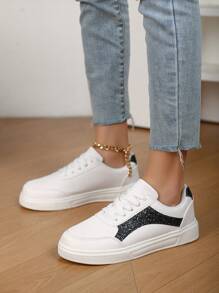 New Casual Simple Fashion Comfy PU Leather Low-Top Lace-Up Flat Skateboard Sneakers, Anti-Slip Shock-Absorbing Sports Shoes For Teenage Girls & Students, Suitable For Outdoor Activities And Daily Wear